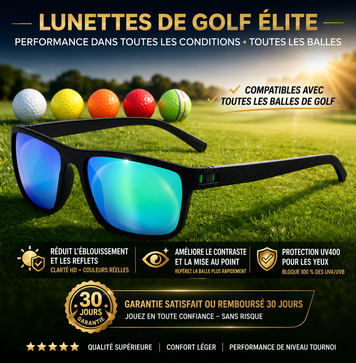 Lunettes hyper polarisées de golf